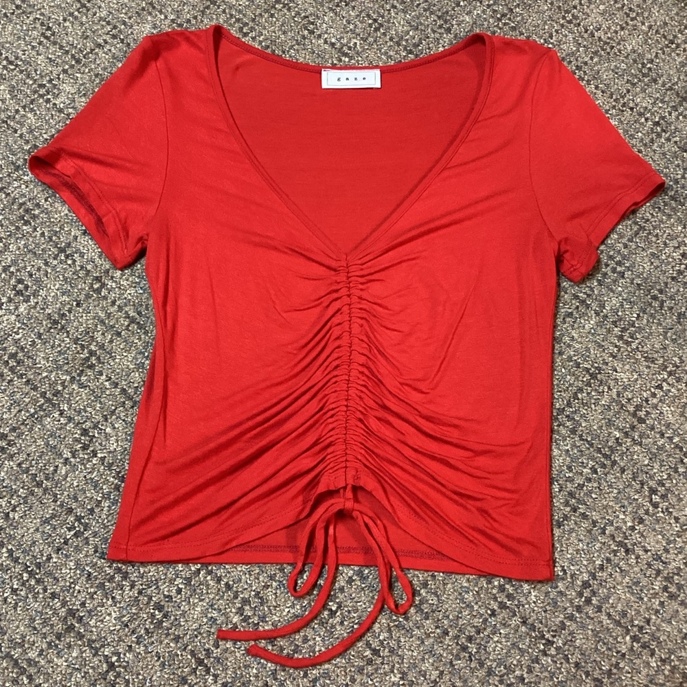 Gaze Red Ruched Drawstring Front V-neck Short Sleeve Crop Top * Size Small